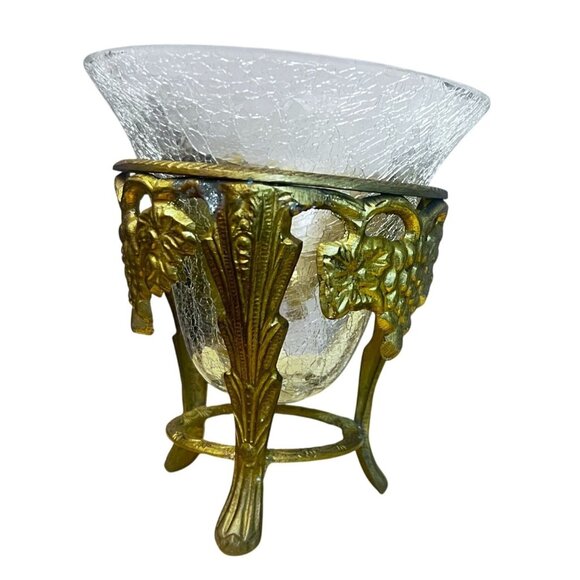 Vtg Brass & Crackle Glass Candlel Holder Vase Compote Bowl Grape Motif Design ** - Picture 1 of 13